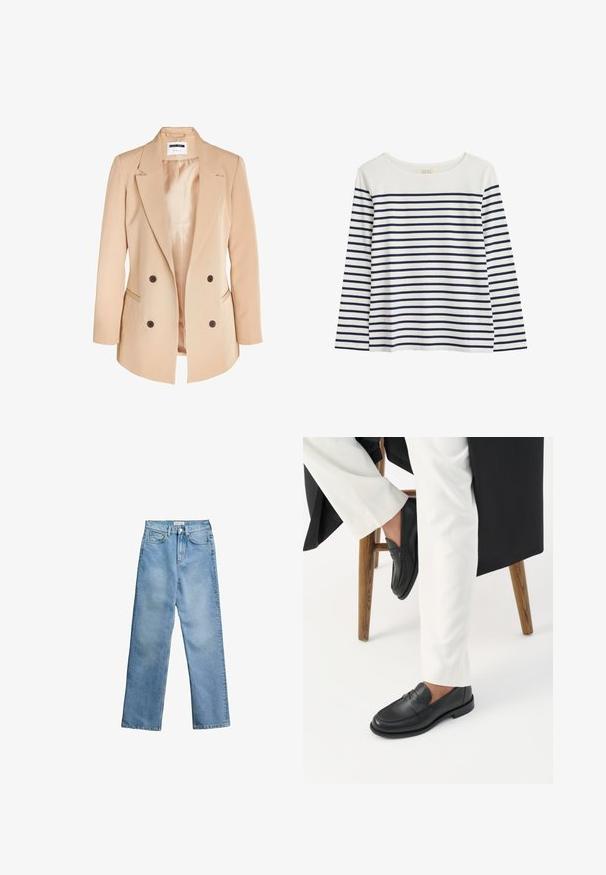Noisy May VIVIAN - Lühike jakk - beige; Pikkade varrukatega särk orgaanilisest puuvillast, millel on valge taust ja tumesinised horisontaalsed triibud. Ümar kaelus, lõdva lõikega, nähtavaid aktsente ei ole.; Helesinised kõrge vöökohaga sirge lõikega teksapüksid esikinnise, tõmbluku, vööaasade ja viie taskuga valgel taustal.; Inimene, kes kannab musti nahast loafereid ja valgeid pükse, istub puidust pingi peal valge tausta ees.