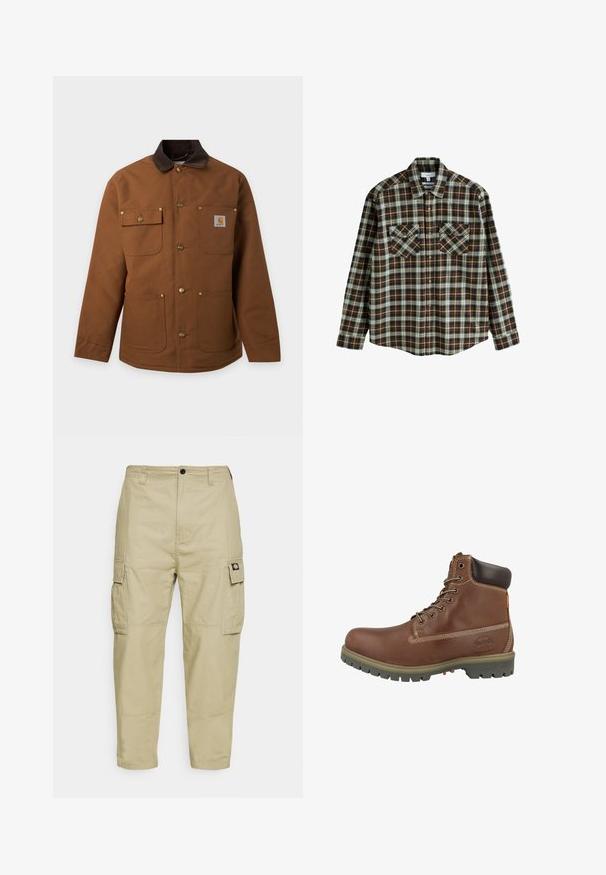 Brun arbejdssjaket med mørkråkrave, fire forlommer, metal trykknapper og et lille mærkelogo på brystlommen.; Langærmet brun, beige og hvid ternet skjorte med to forreste knaplukninger på brystlommer og en krave, lagt ud fladt på en hvid baggrund.; Beige cargo bukser lavet af slidstærkt stof, med to sidelommer, knaplukning og smalle ben med en glat overflade.; Brun læderankelstøvle med rundet snude, polstret krave, hvide syninger og gummisål med mønster for godt greb.