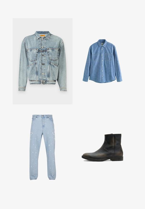Lyseblå denimjakke med krave, to frontlommer og knaplukninger. Har et let cropped design og synlige syninger.; Langærmet blå chambray-skjorte med knaplukning foran og to brystlommer, lagt fladt på en hvid baggrund.; Lysblå denim jeans med en afslappet pasform, der har stjerneformede udsparinger, malersplatter og et klassisk fem-lomme-design.; AllSaints LANG - Støvletter - brown