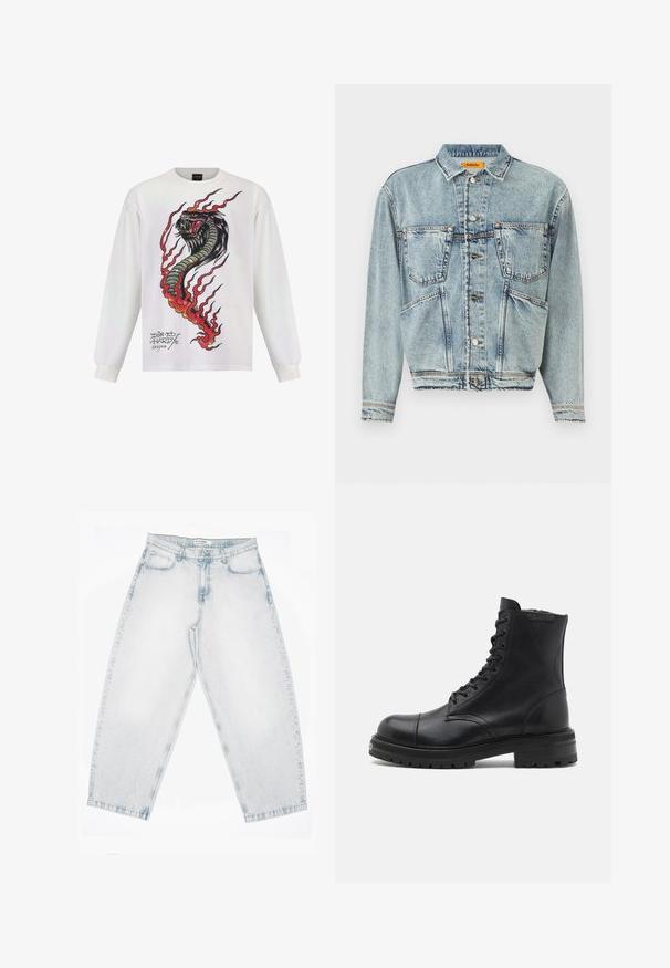 Lyseblå denimjakke med krave, to frontlommer og knaplukninger. Har et let cropped design og synlige syninger.; Langærmet hvid skjorte med et farverigt slangemotiv med flammer og detaljeret udsmykning, mærket med "Don Ed Hardy designs."; Lyseblå denimjeans med høj talje, lige brede ben, knap- og lynlåslukning samt lommer foran og bagpå.; AllSaints HANK - Snørestøvletter - black
