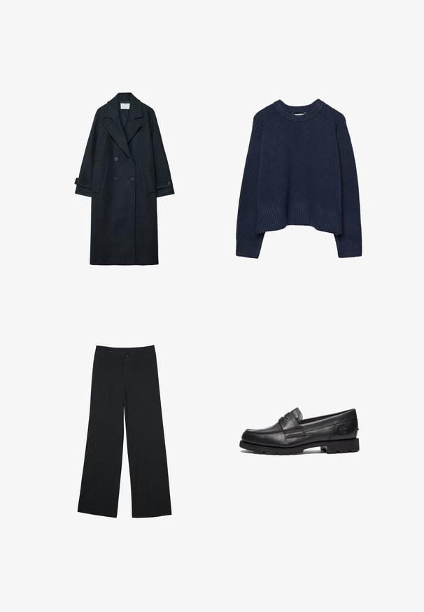 Mørk uld dobbeltknappet frakke med brede revers, to forlommer, knappede manchetter og ensartet tekstur.; Marineblå strikket sweater med rund halsudskæring, ribbet kant og raglanærmer. Fremstillet af en blød tekstur for komfort og varme.; Bredde bukser i sort stof, der har frontlommer og lukning med knap. Glat tekstur, skræddersyet pasform og fuld længde.; Timberland Loafers - black