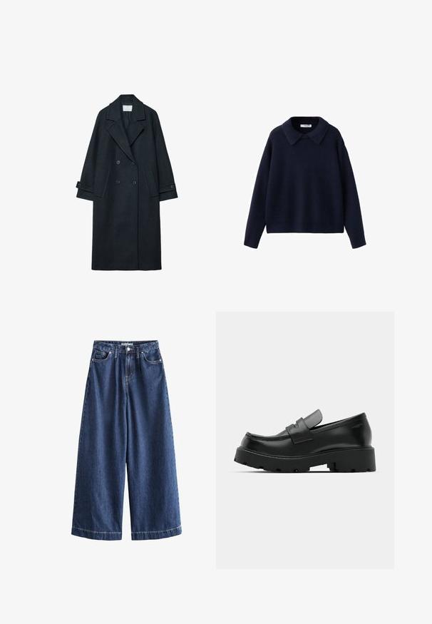Manteau croisé en laine sombre avec un large revers, deux poches avant, poignets boutonnés, et une texture unie.; Pull en tricot bleu marine à manches longues avec un large col pointu et une coupe décontractée sur fond blanc.; Pantalon en denim bleu à jambes larges avec bouton sur le devant, fermeture éclair, passants de ceinture et design cinq poches.; Mocassins en cuir noir avec une semelle épaisse et texturée, dotés d'une sangle sur le vamp et d'une finition lisse et polie.