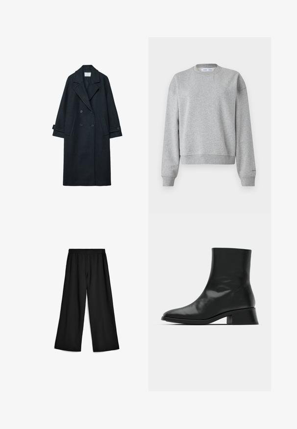 Dunkler doppelt geknöpfter Wollmantel mit weitem Revers, zwei Vordertaschen, geknöpften Manschetten und einfarbiger Textur.; Grauer Sweatshirt mit rundem Halsausschnitt, langen Ärmeln und einem leicht verkürzten Design. Aus weichem Stoff mit gerippten Bündchen und Saum.; Schwarze, weit geschnittene Hose aus weichem, dehnbarem Stoff. Elastischer Bund mit Taschen an den Seiten. Klare Linien und glatte Oberfläche.; Schwarze Ankle Boots aus glänzendem Leder, mit einem eleganten Design, spitzer Zehenpartie und einem moderaten Blockabsatz für Stabilität.