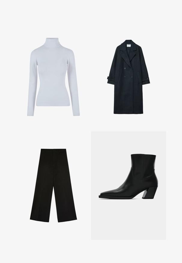 Mørk uld dobbeltknappet frakke med brede revers, to forlommer, knappede manchetter og ensartet tekstur.; Lys grå turtleneck sweater lavet af et blødt, ribbet stof. Har lange ærmer, en tætsiddende pasform og en høj, tætsiddende krave.; Sorte bukser med brede ben, knap- og lynlåslukning, bæltestropper og frontfolder, lagt fladt på en hvid baggrund.; Sortlæder ankelstøvle med spids tå, en slank silhuet og en kraftig firkantet hæl. Glat tekstur med minimale stikninger.