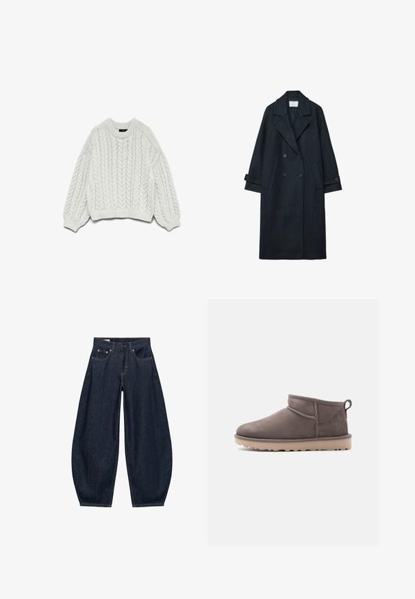 Manteau croisé en laine sombre avec un large revers, deux poches avant, poignets boutonnés, et une texture unie.; Pull en maille blanche avec un motif en torsades, col rond, et manches longues avec des poignets et un ourlet côtelés.; Jean en denim bleu foncé à jambes larges avec poches avant, passants de ceinture et fermeture par bouton à la taille.; Chaussure basse en daim marron, modèle slip-on, avec semelle texturée et languette d'aide au chaussage, sur un fond uni.