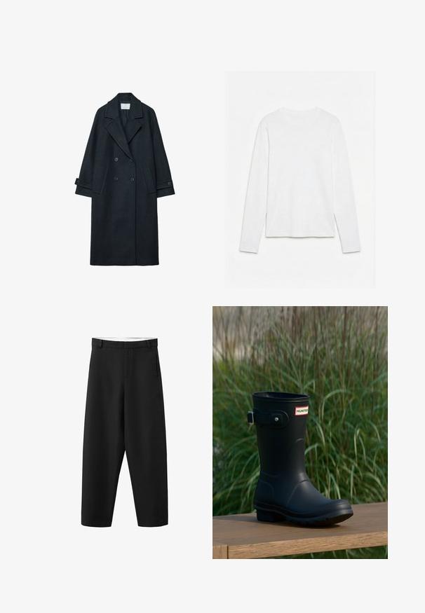 Manteau croisé en laine sombre avec un large revers, deux poches avant, poignets boutonnés, et une texture unie.; T-shirt blanc uni à manches longues et col rond, posé à plat sur une surface blanche, montrant l'avant et la longueur complète des manches.; Pantalon noir à jambes droites avec passants pour ceinture, fermeture éclair à l'avant, et un design épuré et simple, adapté pour une tenue formelle ou décontractée.; Botte de pluie en caoutchouc noir avec une finition brillante, dotée d'une boucle argentée et d'un écusson de logo. La semelle est texturée pour une meilleure adhérence.