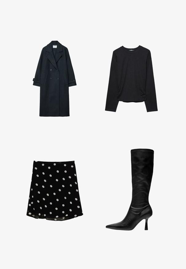 Manteau croisé en laine sombre avec un large revers, deux poches avant, poignets boutonnés, et une texture unie.; T-shirt noir à manches longues avec col rond, fronces discrètes sur les côtés et ourlet droit, présenté sur un fond blanc uni.; Jupe courte noire à pois blancs, ourlet légèrement évasé et texture de tissu lisse.; Botte en cuir noir montant jusqu'au genou, avec un bout pointu, un talon mince et une texture douce et lisse. Elle présente un design ajusté et une couture minimaliste.