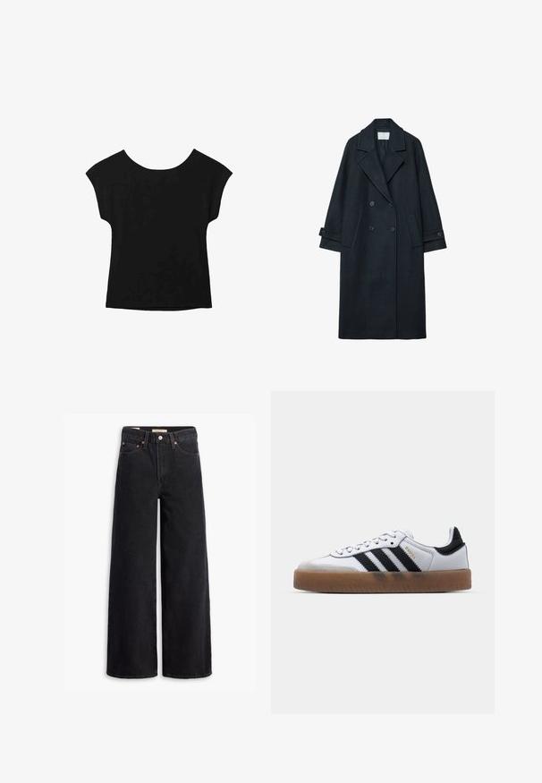 Manteau croisé en laine sombre avec un large revers, deux poches avant, poignets boutonnés, et une texture unie.; Haut noir à manches courtes avec un large col et une coupe ample. Fabriqué en tissu doux sans motifs ni embellissements visibles.; Jean noir à jambe large en denim, comportant cinq poches, des rivets en laiton et une fermeture à bouton classique. Texture lisse avec un design épuré.; Baskets en cuir blanc avec des rayures noires, semelle extérieure en caoutchouc beige, bout rond, fermeture lacée et embout en suède gris doux.