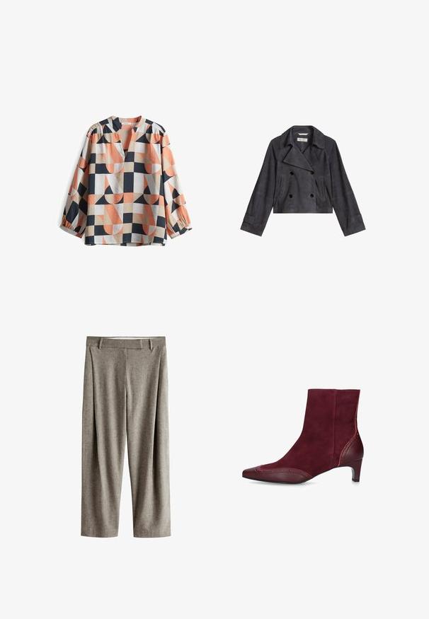 Donkergrijze suède cropped double-breasted jas met brede revers, lange mouwen, zijzakken en met knopen sluitbare manchetten.; Langsleeve, kleurgebroken blouse met geometrische patronen in koraal, marineblauw, crèmekleurig en beige. Gemaakt van lichtgewicht stof met een v-hals.; Rechte grijze pantalons met riemlussen, een vlakke voorkant en een subtiele textuur op een witte achtergrond.; Bordeaux enkellaarsjes van suede met een spitse neus, decoratieve brogue-details en een lage hak. Soepele leren accenten aan de zijkant.