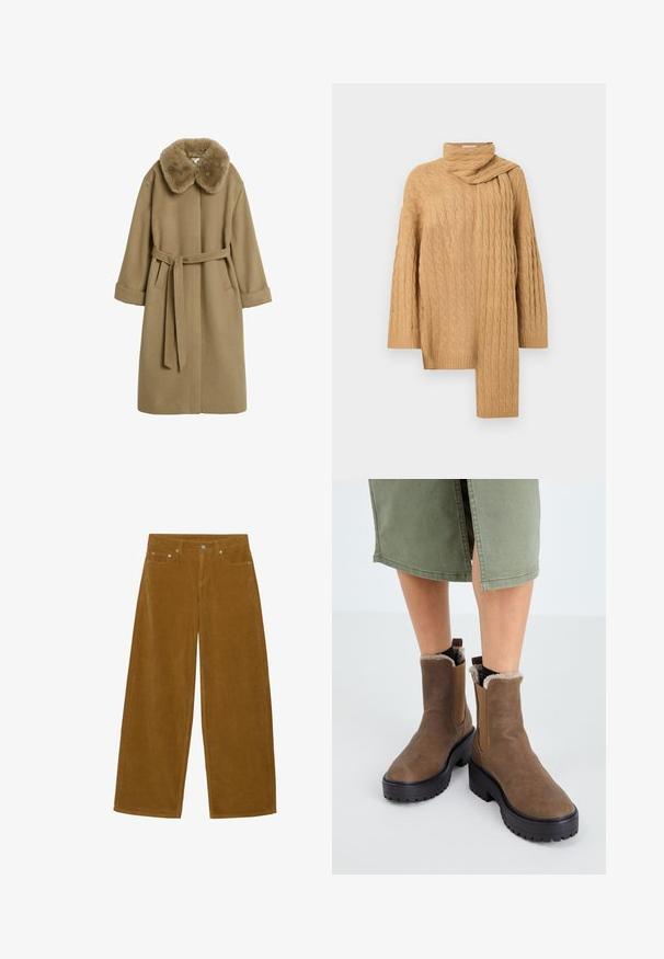 Beige wollen jas met een nepbontkraag, tailleband en wijde mouwen. Heeft een strak ontwerp zonder zichtbare sluitingen of patronen.; Gebreide kabeltrui in lichtbruin. Heeft een hoge kraag en een asymmetrische zoom met een gedrapeerd sjaaldetail aan één kant. Zachte textuur.; Bruine broek met wijde pijpen van ribfluweel met knoop aan de voorkant, rits en ontwerp met vijf zakken.; Bruine leren enkellaarsjes met een rubberen zool, zachte voering en elastische zij-inserts. Heeft een lage blokhak en een gladde structuur.