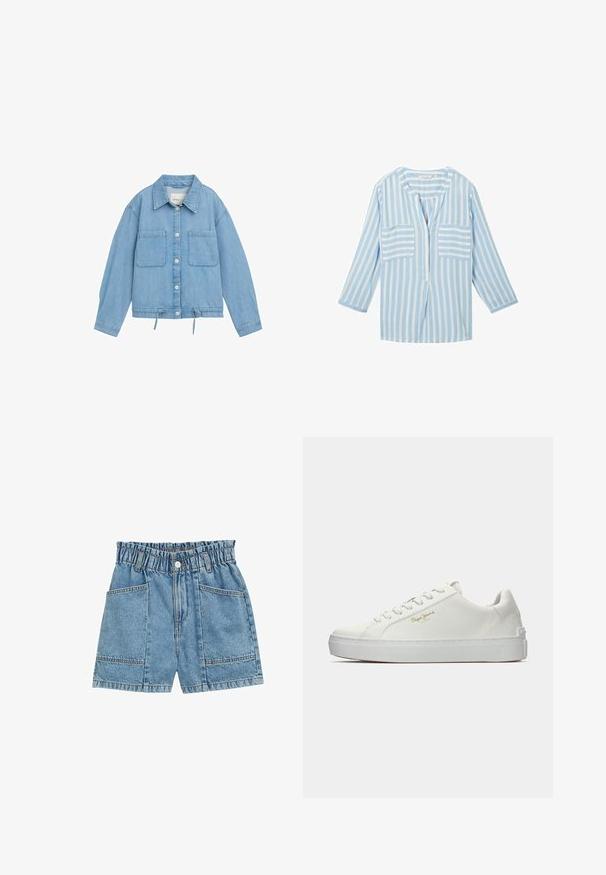Chaqueta de denim en azul claro con cierre de botones, dos bolsillos en el pecho, dobladillo ajustable con cordón y mangas largas con detalle de puños.; Blusa a rayas en azul claro y blanco con cuello redondo, mangas tres cuartos y dos bolsillos en el pecho, con una ligera abertura frontal.; Shorts de mezclilla con cintura elasticada, color azul claro, cuatro bolsillos y costuras visibles a lo largo de las costuras.; Zapatilla blanca con parte superior texturizada, presenta una suela de goma, puntera redonda y cordones planos. Detalle del logo en dorado en el lado exterior.