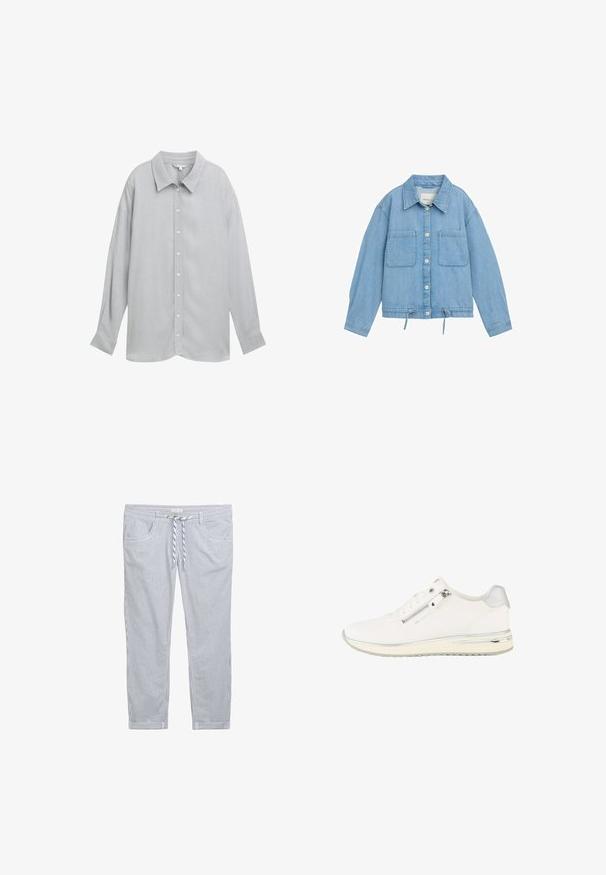 Chaqueta de denim en azul claro con cierre de botones, dos bolsillos en el pecho, dobladillo ajustable con cordón y mangas largas con detalle de puños.; Camisa de botón de manga larga gris con cuello, hecha de una tela ligera y con una textura sutil y botones blancos.; Pantalones a rayas en tejido de algodón azul claro y blanco. Presentan una cinturilla con cordón, dos bolsillos frontales y un diseño de pierna recta.; Zapatilla blanca de corte bajo con cremallera lateral, cordones delanteros, tejido texturizado y detalle plateado en el talón y la suela.