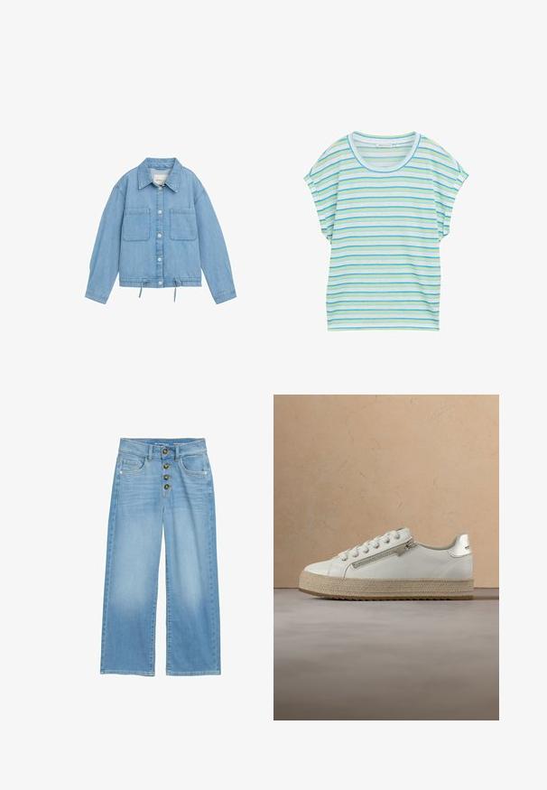 Leren spijkerjack in lichtblauw met knoopsluiting aan de voorkant, twee borstzakken, verstelbare trekkoord onderrand en lange mouwen met manchetdetails.; Gestreepte short-sleeve top in lichtblauw, groen en wit. Beschikt over een ronde halslijn en een losse pasvorm van een zachte, ademende stof.; Lichtblauwe wijde jeans van denim, met een hoge taille, vijf knopen aan de voorkant en twee voorzakken. Gladde textuur door het hele kledingstuk.; Witte leren sneaker met beige gestructureerde zool, voorzien van een ritssluiting aan de zijkant en veters, hangend boven een neutrale vloer en een houten tafel.