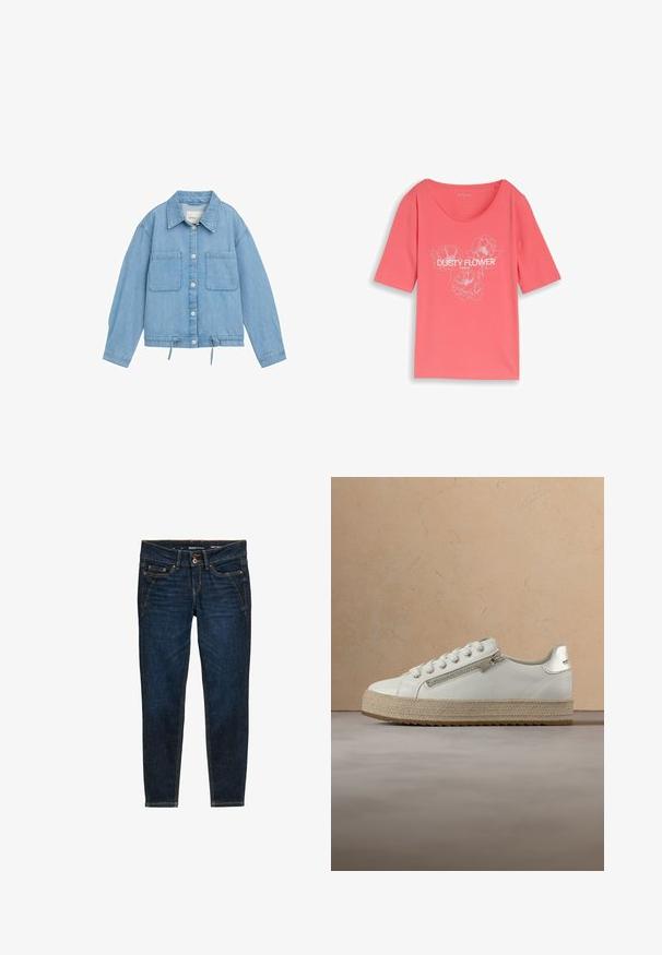 Lys blå denimjakke med knaplukning, to brystlommer, justerbar snor i kanten og lange ærmer med manchetter.; Korallyser t-shirt med korte ærmer, rund halsudskæring og hvide, linjetegnede blomster med teksten "DUSTY FLOWER" på forsiden.; Mørkeblå denim jeans med slim fit, der har orange syninger, fem lommer og en knaplukning i taljen.; Hvid lædersneaker med beige tekstureret sål, med lynlås i siden og snørebånd, hængende over et neutralt gulv og et bord i træ.
