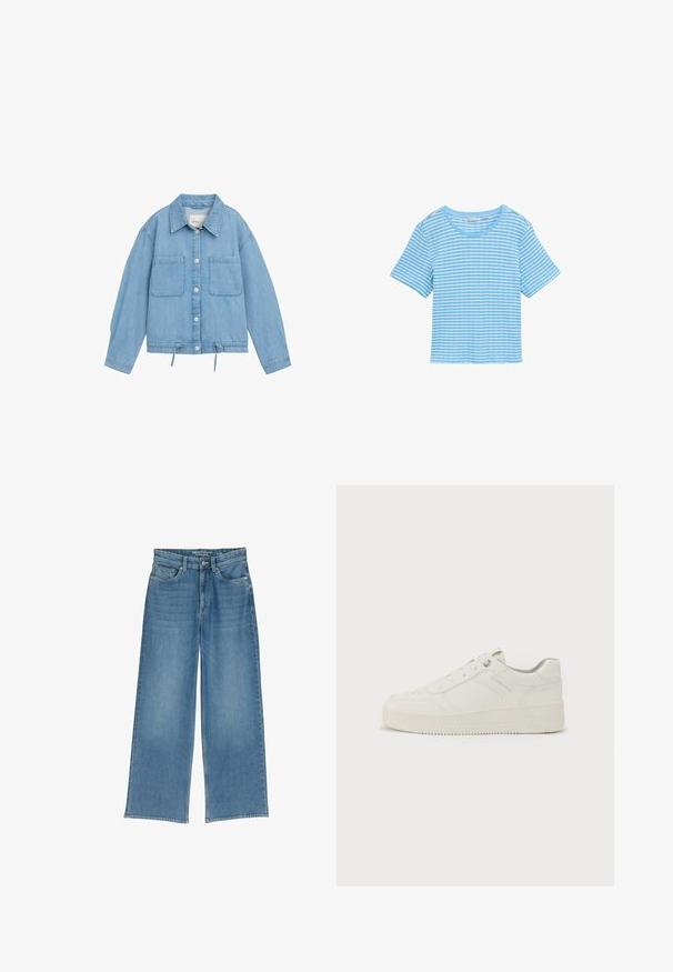 Chaqueta de denim en azul claro con cierre de botones, dos bolsillos en el pecho, dobladillo ajustable con cordón y mangas largas con detalle de puños.; Camisa azul claro con rayas blancas horizontales, de manga corta, cuello redondo y un corte relajado. Hecha de un material de algodón suave.; Jeans de mezclilla de pierna ancha en azul claro con una cintura alta, cinco bolsillos y costuras visibles; la tela tiene un acabado ligeramente texturizado.; Zapatilla blanca con un exterior de cuero liso, punta redonda, seis ojales, cuello acolchado y suela de goma texturizada. Logo de la marca sutil en el lateral.