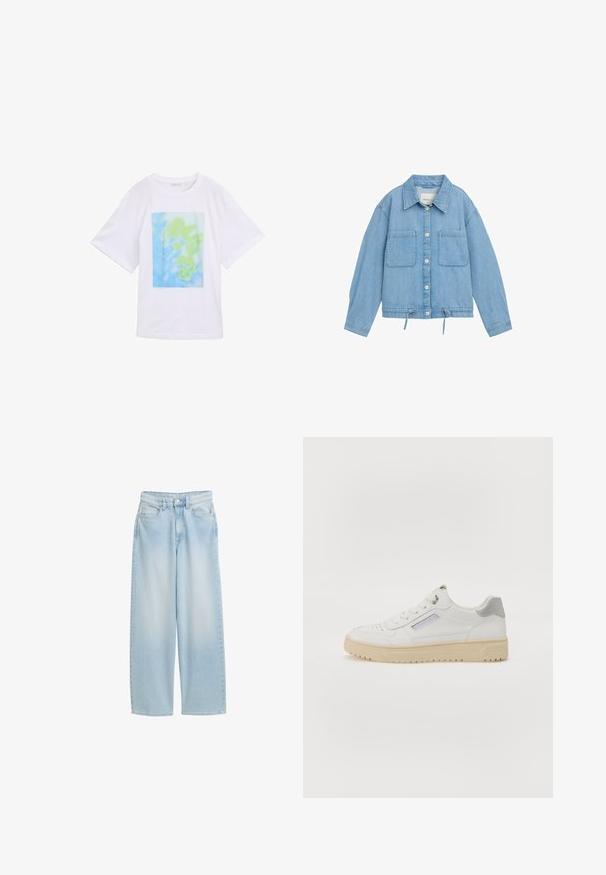 Leren spijkerjack in lichtblauw met knoopsluiting aan de voorkant, twee borstzakken, verstelbare trekkoord onderrand en lange mouwen met manchetdetails.; Witte katoenen t-shirt met een rechthoekige grafische print in blauwe en groene abstracte patronen aan de voorkant. Korte mouwen en ronde hals.; Lichtblauwe wijde spijkerbroek met hoge taille, knopen aan de voorkant, ritssluiting en vijf zakken.; Heren witte sneakers met een gladde textuur, grijze accenten, ronde neus en een beige rubberen zool. Bevat een zijlabel en geperforeerde details.