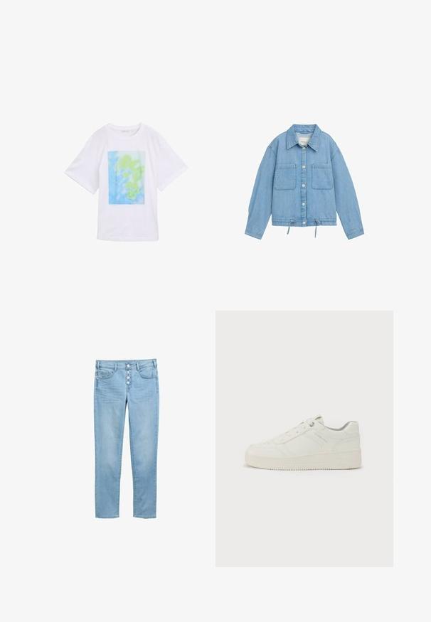 Jeansjacke in Hellblau mit Knopfleiste, zwei Brusttaschen, verstellbarem Kordelzug am Saum und langen Ärmeln mit Bündchendetails.; Weißes Baumwoll-T-Shirt mit einem rechteckigen Grafikdruck in blauen und grünen abstrakten Mustern auf der Vorderseite. Kurze Ärmel und Rundhalsausschnitt.; Hellblaue Jeans aus Denim mit tailliertem Design, fünf Taschen und einem mit Knöpfen versehenen Reißverschluss mit fünf sichtbaren Knöpfen. Glatte Textur und klassischer Schnitt.; Weißer Sneaker mit glattem Ledermantel, runder Zehenpartie, sechs Ösen, gepolstertem Kragen und strukturiertem Gummisohle. Dezentes Markenlogo an der Seite.