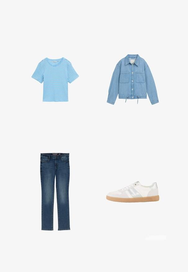 Chaqueta de denim en azul claro con cierre de botones, dos bolsillos en el pecho, dobladillo ajustable con cordón y mangas largas con detalle de puños.; Camisa azul claro con rayas blancas horizontales, de manga corta, cuello redondo y un corte relajado. Hecha de un material de algodón suave.; Jeans de pierna recta azul oscuro, fabricados en denim, con cierre de cremallera, cinco bolsillos y un desvanecido sutil. Etiqueta de tamaño visible en la parte interior de la cintura.; Zapatilla blanca de caña baja con rayas plateadas, cordones blancos y suela de goma marrón clara, vista de lado sobre un fondo blanco.