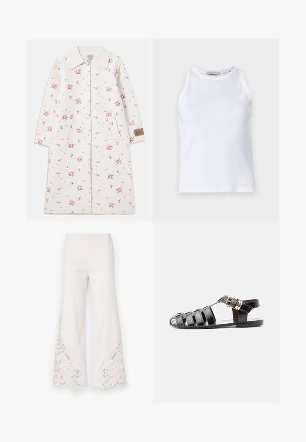 Manteau léger gris clair à motifs floraux avec un col, des boutons sur le devant et des poches latérales. Présente de petites fleurs roses et vertes ainsi qu'une étiquette en tissu.; Débardeur blanc à côtes avec un col rond, sans manches et un petit logo sur le devant. Texture lisse et silhouette cintrée.; Pantalons larges en tissu blanc présentant des motifs de broderie beige complexes et des ourlets festonnés au bas des jambes.; Sandale de pêcheur en cuir noir avec bout ouvert, multiples brides et fermeture à boucle dorée sur une semelle plate, vue de profil.