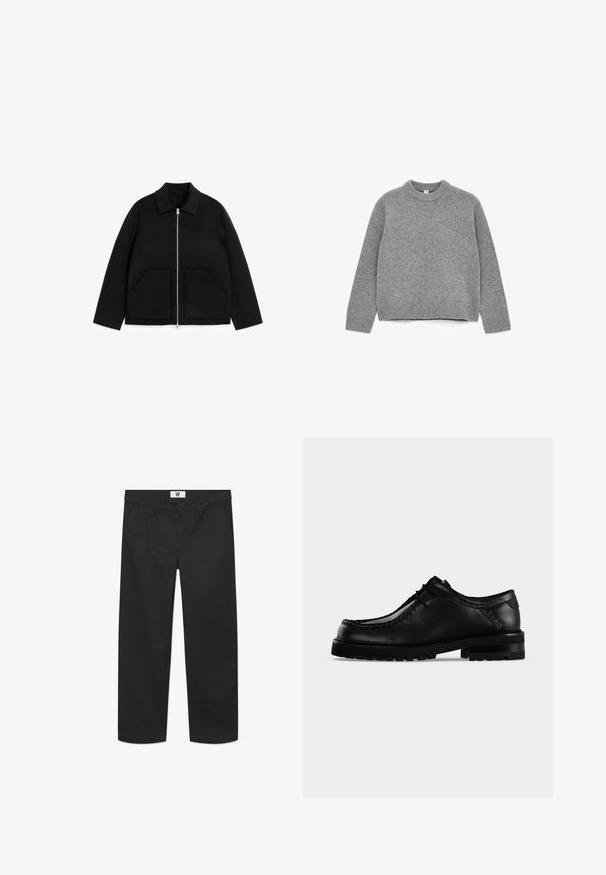 Veste noire avec col retourné, fermeture éclair à l'avant et deux grandes poches avant sur fond blanc.; Pull en tricot gris avec un col rond, des manches longues, des poignets et un ourlet côtelés, et une texture douce.; Chino noirs en tissu de coton lisse. Dotés d'une fermeture à bouton, de poches avant et d'une coupe droite avec des bords nets.; Chaussure en cuir noir à lacets avec semelle épaisse en caoutchouc et couture moc toe, vue de profil gauche sur fond clair uni.