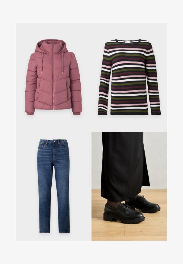 Veste matelassée mauve avec capuche, fermeture éclair à l'avant, poches latérales zippées et cordons, conçue pour temps froid.; Pull à manches longues rayé en marine, bordeaux, vert, rose et blanc. Texture côtelée avec un col rond et des manches ajustées.; Jeans en denim bleu taille haute avec une coupe droite, présentant un léger délavage, une fermeture à un bouton et un design à cinq poches.; Chaussures en cuir noir avec un bout arrondi, une semelle en caoutchouc épaisse et des lacets. Le design présente des coutures décoratives le long de la tige.