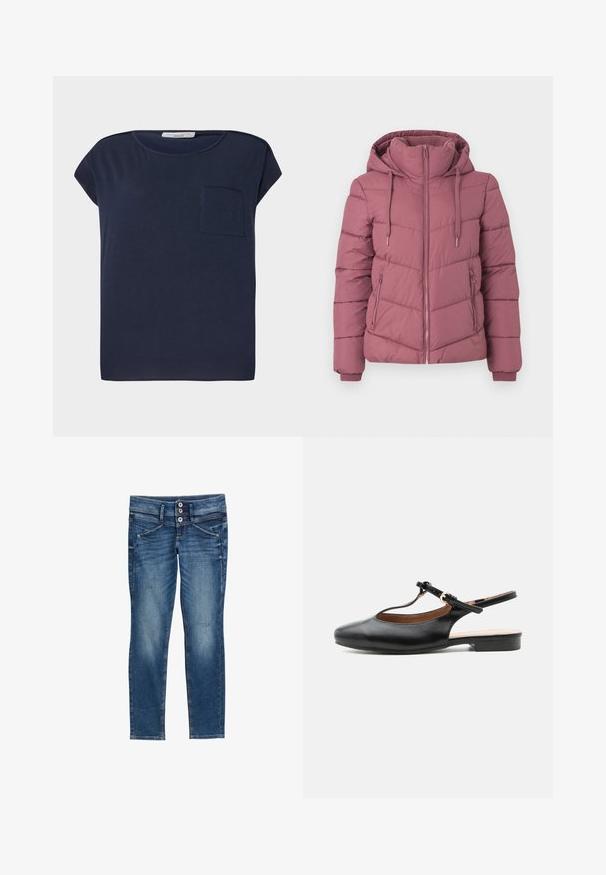 Fliederfarbene gesteppte Jacke mit Kapuze, Frontreißverschluss, Reißverschlusstaschen an den Seiten und Kordelzügen, für kaltes Wetter entworfen.; Marineblaue Kurzarm-T-Shirts aus leichtem Stoff. Besitzt eine einzelne Tasche auf der linken Seite und ein lässiges Schnittdesign.; Blaue ausgewaschene Skinny-Jeans mit doppeltem Knopfverschluss, Vordertaschen und subtilen Used-Details an den Beinen.; Schwarzer flacher Lederslingback-Schuh mit T-Riemen und goldener Schnalle auf neutralem Hintergrund.