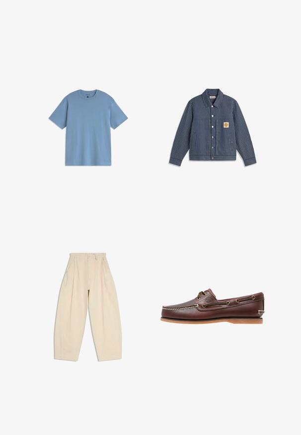 Veste boutonnée bleu marine à rayures verticales blanches, avec deux poches latérales et un petit patch avec un motif de soleil orange sur la poitrine.; T-shirt bleu clair à manches courtes et col rond, coupe décontractée, présenté sur un fond blanc.; Pantalon beige taille haute à jambes larges avec plis, poches latérales, passants pour ceinture et fermeture par bouton sur la ceinture avant.; Chaussure bateau en cuir marron avec coutures blanches, détails de lacets et semelle en caoutchouc beige, vue de côté sur fond blanc.