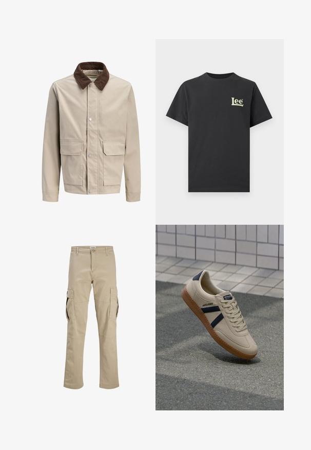 Veste beige avec col en velours côtelé marron, boutons-pression à l'avant et deux grandes poches à rabat à la taille.; T-shirt noir à manches courtes avec col rond, petit logo "Lee" clair sur la partie supérieure gauche de la poitrine.; Pantalon cargo beige avec fermeture par boutons, passants pour ceinture et grandes poches à rabat sur les deux cuisses, présenté à plat sur fond blanc.; Baskets beiges avec une finition texturée, bandes navy et semelle en caoutchouc. Équipées d'une languette rembourrée et d'un système de laçage traditionnel pour un maintien sécurisé.