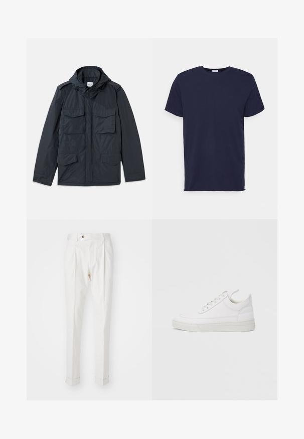 Chaqueta con capucha de color gris oscuro, con cierre de cremallera frontal, dos grandes bolsillos en el pecho y dos bolsillos laterales. Fabricada con un tejido ligero y texturizado.; Camiseta de manga corta azul marino hecha de tela suave. Presenta un cuello redondo y un corte recto sin patrones ni acentos.; Pantalones blancos, ajustados, con un frente plano, dos pliegues y puños enrollados. Hechos de una tela suave con un cierre de botón en la cintura.; Zapatilla blanca de cuero con punta redondeada, suela plana y cierre de cordones. Presenta detalles de costuras y un cuello acolchado para mayor comodidad.