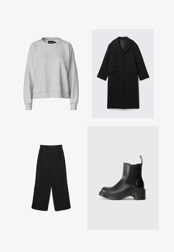 Sort uldfrakke med ombukket krave, tre knapper og to forlommer, med en lige silhuet og lidt forkortede ærmer.; Grå sweatshirt med rund halsudskæring og nedskuldrede skuldre. Fremstillet af blødt stof, har en cropped design og ribbede manchetter. Enkel mærkat ved kraven.; Sorte bukser med brede ben, flad front, to plisser og sidelommer. Fremstillet af glat stof med en struktureret linning.; Sort læder ankelstøvle med elastisk sidepanel, løftestrop, chunky sål og lav blokhæl, vist i profil mod en ensfarvet baggrund.