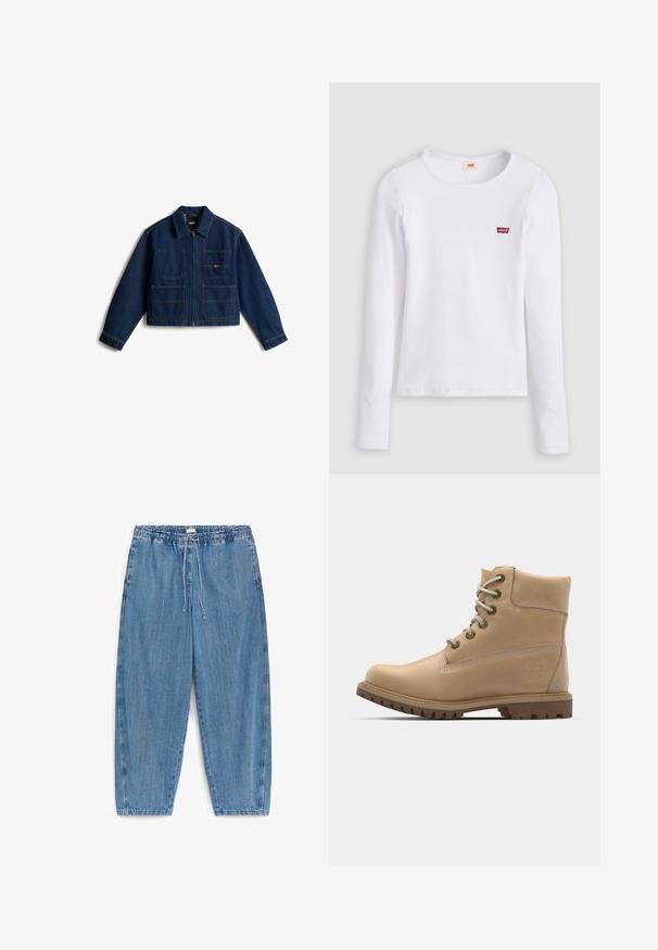 Donkerblauwe spijkerjas met ritssluiting, twee voorzakken en gestikte details op de naden. Verkort model met kraag.; Wit Levi's shirt met lange mouwen, ronde hals en klein rood Levi's-logo op de linkerborst, afgebeeld op een effen achtergrond.; Lichtblauwe spijkerbroek met elastische tailleband en trekkoord, rechte pijp, en zijzakken, weergegeven tegen een witte achtergrond.; Beige leren enkelboot met een ronde neus, beige veters en een robuuste zool. Beschikt over zijstiksels en een rond logo op de hak.