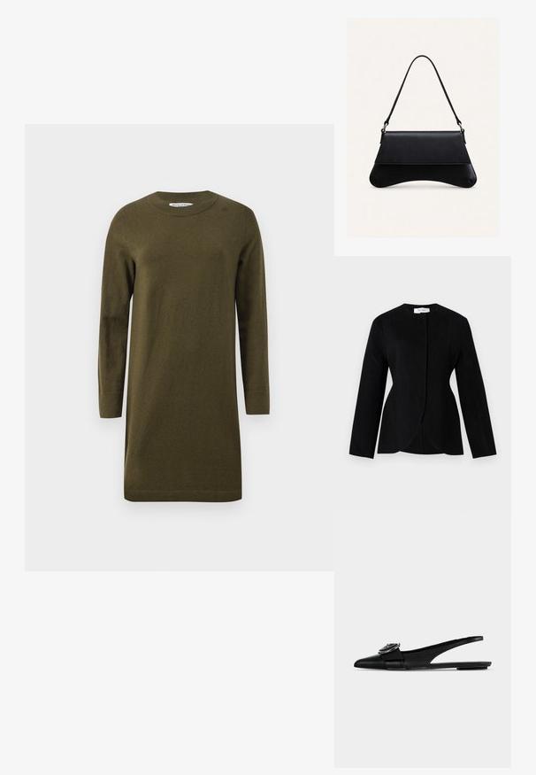 Blazer negro a medida para mujer, con mangas largas, escote sin cuello y un cierre frontal único oculto.; Vestido de punto verde oliva con mangas largas, escote redondeado y dobladillo acanalado. Diseño sencillo de corte recto con una textura suave.; Zapato plano slingback de cuero negro con puntera puntiaguda, una correa ancha y detalle de hebilla metálica redonda en la parte superior.; Bolso de cuero negro con fondo curvo, cierre de solapa y una sola correa fina para el hombro, sobre un fondo claro y liso.