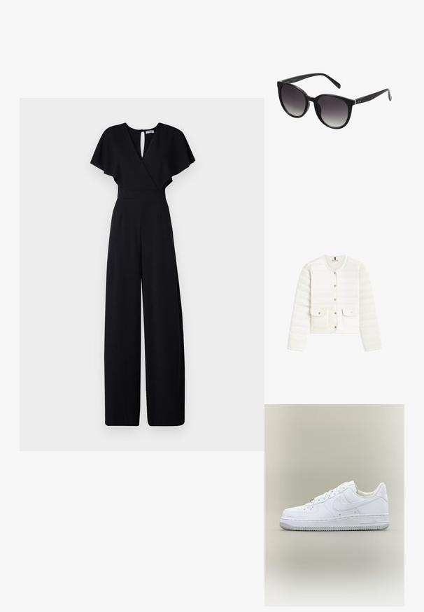 Weiße gesteppte Langarmjacke mit rundem Halsausschnitt, vorderen Druckknöpfen und zwei vorderen Klappentaschen vor einfarbigem Hintergrund.; Schwarzer Jumpsuit mit weitem Bein-Design, kurzen, flatternden Ärmeln und einem V-Ausschnitt. Verfügt über einen Schlüsselhole-Rücken und eine taillierte Taille für einen eleganten Look.; Weißer Nike Air Force 1 Sneaker in Low-Top-Form mit Schnürsenkeln, perforierter Zehenkappe und strukturierter Gummisohle vor neutralem Hintergrund.; Schwarze Cat-Eye-Sonnenbrille mit Verlaufsgläsern, Kunststoffrahmen, glatter Oberfläche und silberner Akzentverzierung an den Bügeln.