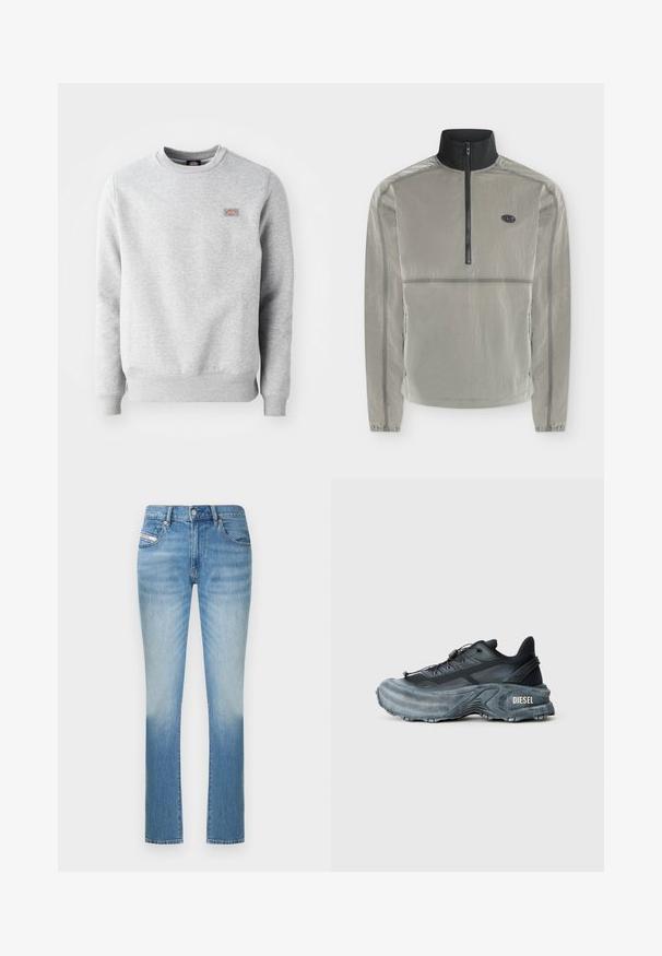 Hellgraue Windjacke mit langen Ärmeln, schwarzem Half-Zip, hohem Kragen, elastischen Bündchen, Seitentaschen und einem kleinen ovalen Logo auf der Brust.; Grauer Pullover mit Rundhalsausschnitt, gerippten Bündchen und Saum, aus weichem Baumwollmaterial. Besitzt ein kleines Logo auf der linken Brust.; Hellblaue Jeans aus Denim mit figurbetontem Schnitt, geradem Bein und dezentem Farbverlauf nach unten. Klassischer Fünf-Taschen-Stil.; Schwarz- und graue Diesel-Sneaker mit dicker Sohle, Schnürverschluss und strukturiertem Design auf einem schlichten hellgrauen Hintergrund.