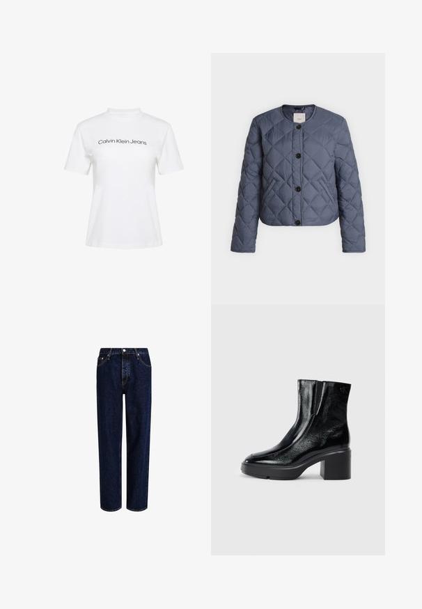 Blå quiltet jakke med rund halsudskæring, fire sorte knapper foran og to skrå forlommer.; Hvid bomulds-T-shirt med rund hals og korte ærmer, med teksten "Calvin Klein Jeans" i sort tryk på tværs af brystet.; Mørkeblå denim jeans med lige ben-design, der har høj talje, fem-lomme-stil og kontrastsyninger. Ingen dekorationer.; Sorte patenterede læderankelstøvler med en buet tå, elastiske sidepaneler og en kraftig blokhæl. Har et præget logo på bagsiden.