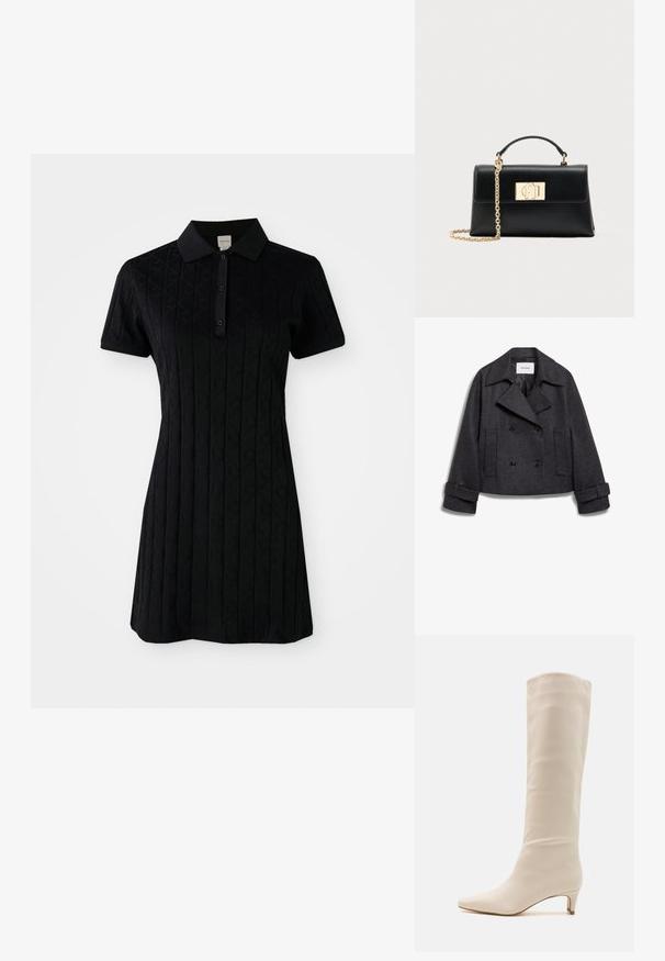 Grå dobbeltramat cropped frakke lavet af uld, med store revers, to forlommer og optrukne manchetter med knapdetaljer.; Sort polo kjole med korte ærmer, der har en krave og et tekstureret mønster af diamanter og cirkler. Knaplukning ved halsen.; RAID LAYLA - Høje støvler/ Støvler - off white; Sort læderhåndtaske med struktureret form, udstyret med en øverste hank og en guldtonet kæderem. Dekorative guldhardware med logodetalje.