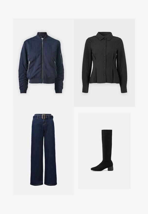 Samsøe Samsøe Chaquetas bomber - outer space; Blusa negra de manga larga con finas rayas verticales blancas, cierre frontal con botones, cuello puntiagudo y pliegues ajustados en la cintura.; Pantalones vaqueros de pierna ancha en azul oscuro con bolsillos cosidos y un cinturón a juego que presenta una gran hebilla rectangular dorada.; Bota negra hasta la rodilla con parte superior elástica, tacón ancho redondeado y punta ligeramente puntiaguda, vista de lado sobre fondo blanco.