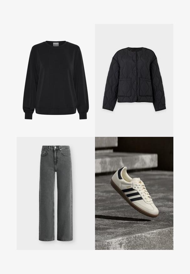 Veste matelassée noire avec encolure ronde, boutons-pression devant, deux poches avant et motif de surpiqûres ondulé, présentée sur fond uni.; Sweatshirt noir à manches longues, col rond et poignets côtelés. Présente une texture lisse et un détail de logo subtil à l'avant.; Jean noir en denim taille haute à jambes droites, avec cinq poches et fermeture par boutons, présenté sur un fond uni clair.; Baskets blanches Adidas Samba avec des bandes noires et une semelle en gomme, flottant au-dessus de marches en béton gris texturé.
