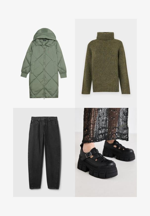 Gequiltede lange groene pufferjas met een capuchon, met een ritssluiting aan de voorkant en twee zijzakken. Gelaagd ruitpatroon overal.; Vero Moda Knitted VMINGRID Knitted - Trui - grape leaf; Zwarte spijkerbroek met rechte pijpen, voorzien van vijf zakken, een knoopsluiting en minimale stikdetail. Klassiek ontwerp en textuur.; Zwarte platform sandalen met een chunky ontwerp, voorzien van brede banden en een zijgesp. Gemaakt van textuur rubber met een logo-detail.