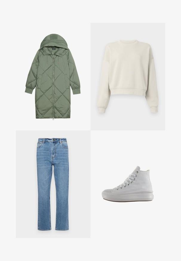 Gequiltede lange groene pufferjas met een capuchon, met een ritssluiting aan de voorkant en twee zijzakken. Gelaagd ruitpatroon overal.; Lichtbeige cropped sweatshirt met lange mouwen, geribde kraag en manchetten, zachte stofstructuur, minimalistisch design, geen zichtbare patronen of accenten.; Lichtblauwe denim jeans met een rechte pijp, vijf zakken, een sluiting met een knoop aan de voorkant en subtiele vervaging op de stof.; Witte hoge canvas sneaker met witte veters, metalen oogjes, dikke rubberen zool en gestructureerde neuskap, naar links gericht op een witte achtergrond.