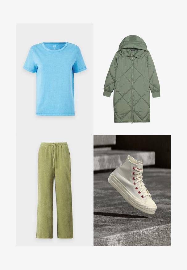 Abrigo acolchado largo verde tipo puffer con capucha, que presenta un cierre frontal con cremallera y dos bolsillos laterales. Patrón de diamantes texturizado en toda su superficie.; Camiseta de algodón de color azul claro con cuello redondo, mangas cortas y detalles de costura visibles en los dobladillos. Diseño simple y sin adornos.; Pantalones de pana verde con un diseño de pierna ancha, cinturilla elástica y detalle de cordón. Las líneas verticales en la tela crean textura.; Zapatilla deportiva blanca de caña alta con ojales y cordones rojos, flotando sobre una superficie de hormigón con escalones de piedra en el fondo.