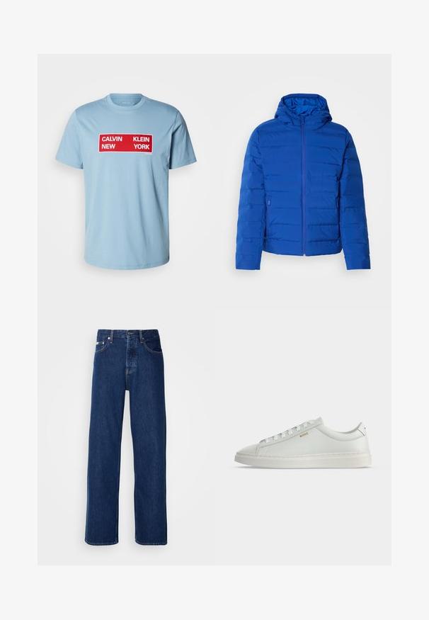 Blå polstret jakke med hætte, der har lynlås foran og sidelommer. Glat tekstur med lodret syningsdetalje.; Calvin Klein Jeans BOX GRAPHIC TEE - T-shirts print - smoke blue; Mørkeblå denimjeans med et bredt ben-design, der har en knaplukning og klassisk fem-lomme styling. Stoffet har en glat tekstur.; Hvid lavtop lædersneakers med snørebånd, flad sål og lille gyldent "BOSS" logo på siden, set fra ydersiden.
