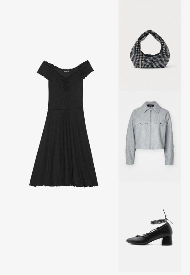 Veste grise cintrée en tissu doux, avec une fermeture éclair à l'avant, deux poches poitrine avec fermetures à pression et un col pointu.; Robe noire dénudée des épaules en tissu côtelé, avec un corsage ajusté, une jupe évasée et des détails festonnés au niveau de l'encolure.; Chaussure en cuir noir à talon moyen, bout pointu, brides croisées et lien de cheville autour sur fond blanc.; Sac à main en maille noire orné de clous en argent, avec une poignée incurvée et une bandoulière en chaîne. Texture douce avec une forme arrondie.