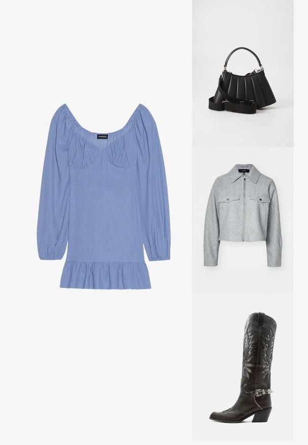 Veste grise cintrée en tissu doux, avec une fermeture éclair à l'avant, deux poches poitrine avec fermetures à pression et un col pointu.; Blouse bleue texturée avec de longues manches bouffantes, un large décolleté et un ourlet froncé. Présente des accents froncés au niveau des épaules et de la poitrine.; Botte de cowboy en cuir noir avec découpes décoratives, boucle argentée et talon incliné, présentée sur fond blanc.; Sac à main plissé noir avec une poignée arrondie, une bandoulière réglable et une texture brillante. Présente des accessoires en argent et une silhouette structurée.
