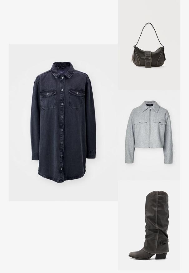 Gekürzte graue Jacke aus weichem Stoff, mit einem Reißverschluss vorne, zwei Brusttaschen mit Druckknopfverschlüssen und einem spitzen Kragen.; Dunkelblaustes Denim-Hemd mit Kragen, langen Ärmeln, vorderem Knopfverschluss und zwei Brusttaschen. Hat eine leicht lockere Passform und einen abgerundeten Saum.; Graue Lederstiefel bis zur Wade mit einem lässigen Design, spitzer Zehenform und gestapelt Hohem Absatz. Auffällige Nähte im Bereich der Zehen.; Schwarze Leder-Schultertasche mit Schnallengurt-Detail, abgerundeten Kanten und kontrastierenden weißen Nähten auf schlichtem Hintergrund.