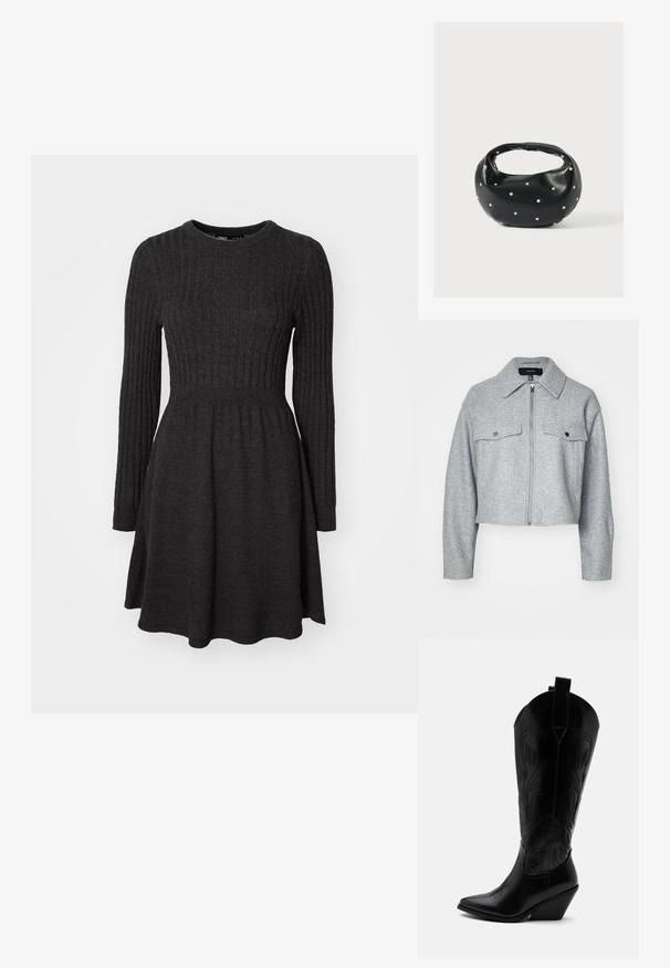 Gekürzte graue Jacke aus weichem Stoff, mit einem Reißverschluss vorne, zwei Brusttaschen mit Druckknopfverschlüssen und einem spitzen Kragen.; Dunkelgraues geripptes Strickkleid mit langen Ärmeln, rundem Ausschnitt, figurbetontem Oberteil und ausgestelltem Rock. Weicher Stoff, vielseitiges Design.; Schwarzer Leder-Cowboystiefel mit spitzer Zehe, schrägem Blockabsatz, dekorativer Naht und Zuglaschen oben vor weißem Hintergrund.; Schwarze Lederhandtasche mit abgerundeter Form, verziert mit silbernen Nietenakzenten und kurzem Griff. Glatte Struktur und Reißverschlussverschluss.