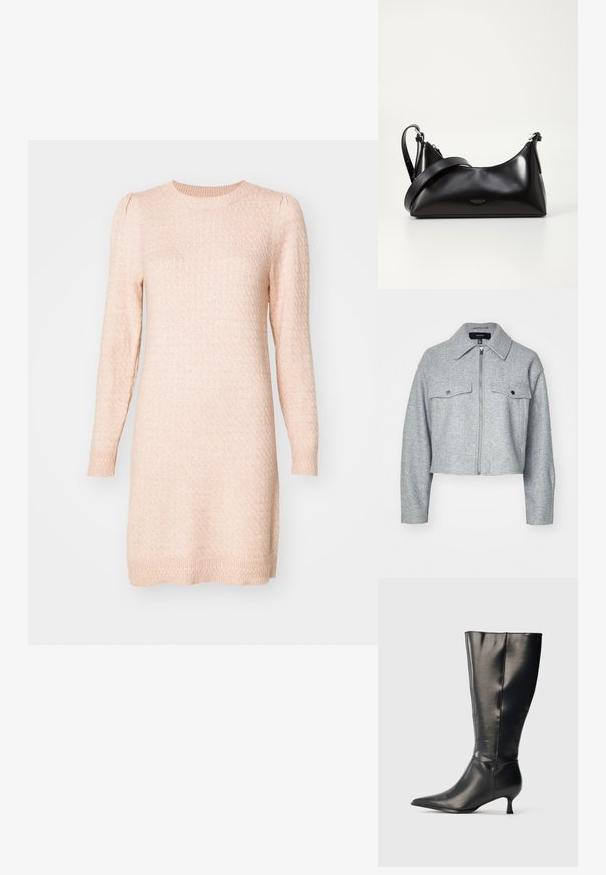 Gekürzte graue Jacke aus weichem Stoff, mit einem Reißverschluss vorne, zwei Brusttaschen mit Druckknopfverschlüssen und einem spitzen Kragen.; Langärmliges, rundhalsiges Strickkleid in sanftem Hellrosa. Strukturierter Strick mit dezenten, erhabenen Mustern, enganliegenden Bündchen und gerader Silhouette.; Schwarzer kniehoher Lederstiefel mit spitzer Zehenpartie und niedrigem Kittenabsatz, präsentiert vor einem schlichten hellen Hintergrund.; Schwarze lederne Handtasche mit glatter Textur. Verfügt über einen verstellbaren Riemen und ein elegantes, minimalistisches Design mit einem Reißverschluss.