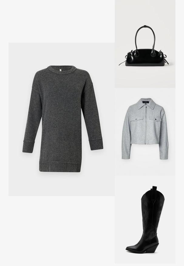 Gekürzte graue Jacke aus weichem Stoff, mit einem Reißverschluss vorne, zwei Brusttaschen mit Druckknopfverschlüssen und einem spitzen Kragen.; Dunkelgrauer, langärmeliger Wollpullover mit gerippten Bündchen und Saum, Rundhalsausschnitt und lockerer Passform.; Schwarzer Leder-Cowboystiefel mit spitzer Zehe, schrägem Blockabsatz, dekorativer Naht und Zuglaschen oben vor weißem Hintergrund.; Kleine schwarze glänzende Handtasche mit zwei langen Griffen und seitlichen Kordelzug-Details vor einfachem hellem Hintergrund.