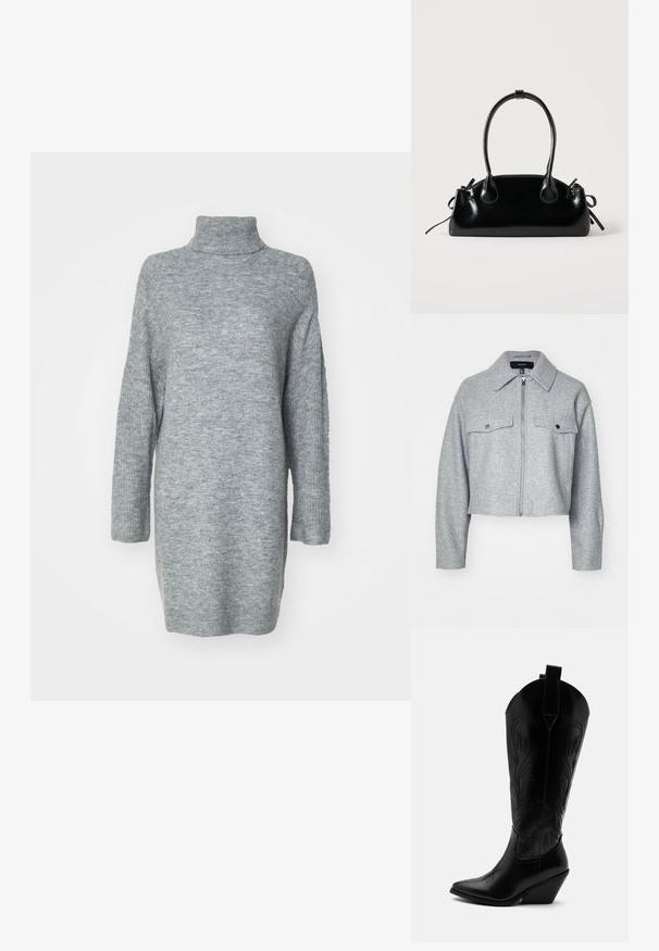 Veste grise cintrée en tissu doux, avec une fermeture éclair à l'avant, deux poches poitrine avec fermetures à pression et un col pointu.; Pull à col roulé gris clair à manches longues en tissu tricoté doux. Doté d'entailles sur les côtés et d'une coupe décontractée avec des poignets et un col côtelés.; Botte de cowboy en cuir noir avec bout pointu, talon bloc incliné, couture décorative et languettes en haut sur fond blanc.; Petit sac à main noir brillant avec deux longues anses et des détails à cordon sur les côtés sur un fond clair uni.