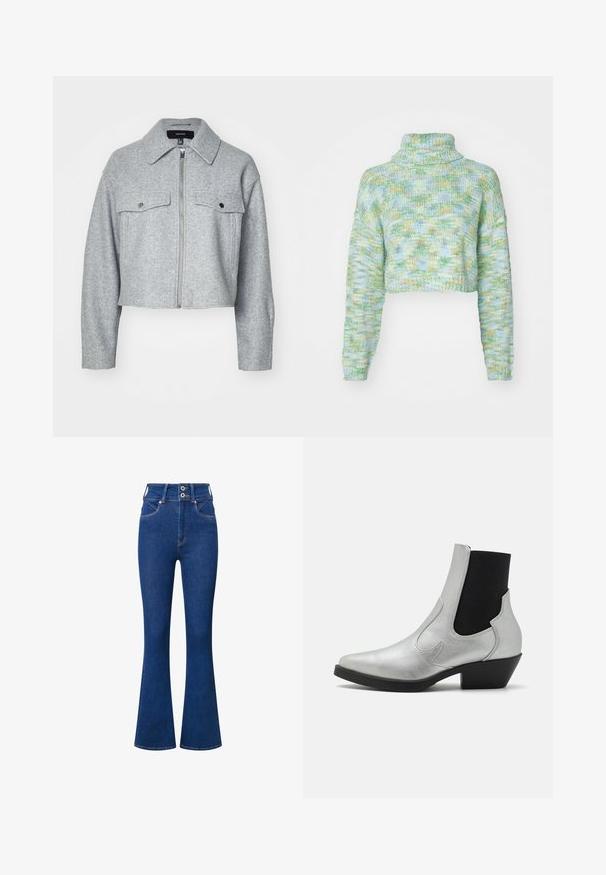 Lühendatud hall jakk pehmest kangast, mis on varustatud ees oleva lukuga, kahe klõpsuga rinna taskuga ja terava kraega.; ONLY ONLELOISE CROP ROLLNECK - Džemper - absinthe green; Tumedast sinisest denimist kõrge vöökoha ja laienevate jalgega teksad. Omab kaht nuppu sulgemiseks, ees taskud ja elegantsed õmblusdetailid õmbluste ääres.; ONLY SHOES ONLBRONCO SHORT - Kauboi/mootorratturi poolsaapad - silver